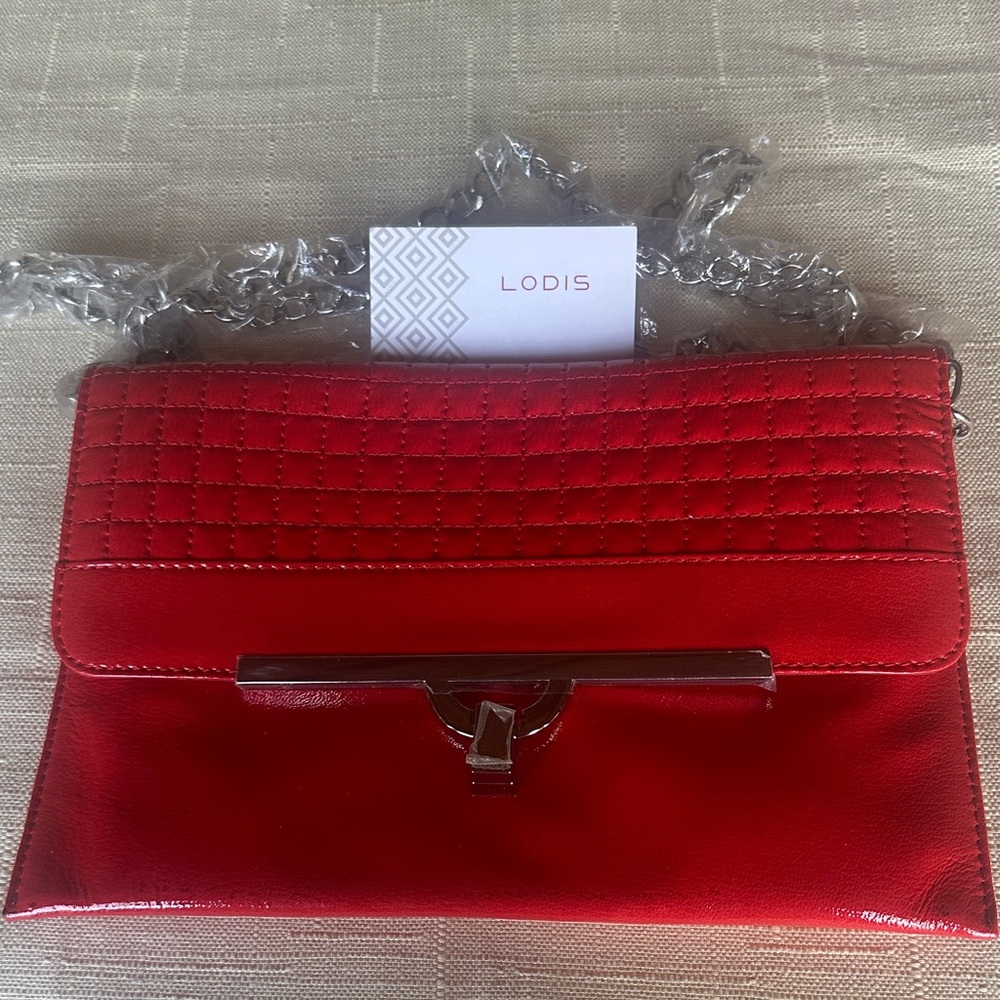 Lodis Red Quilted Leather Crossbody with Silver Chain